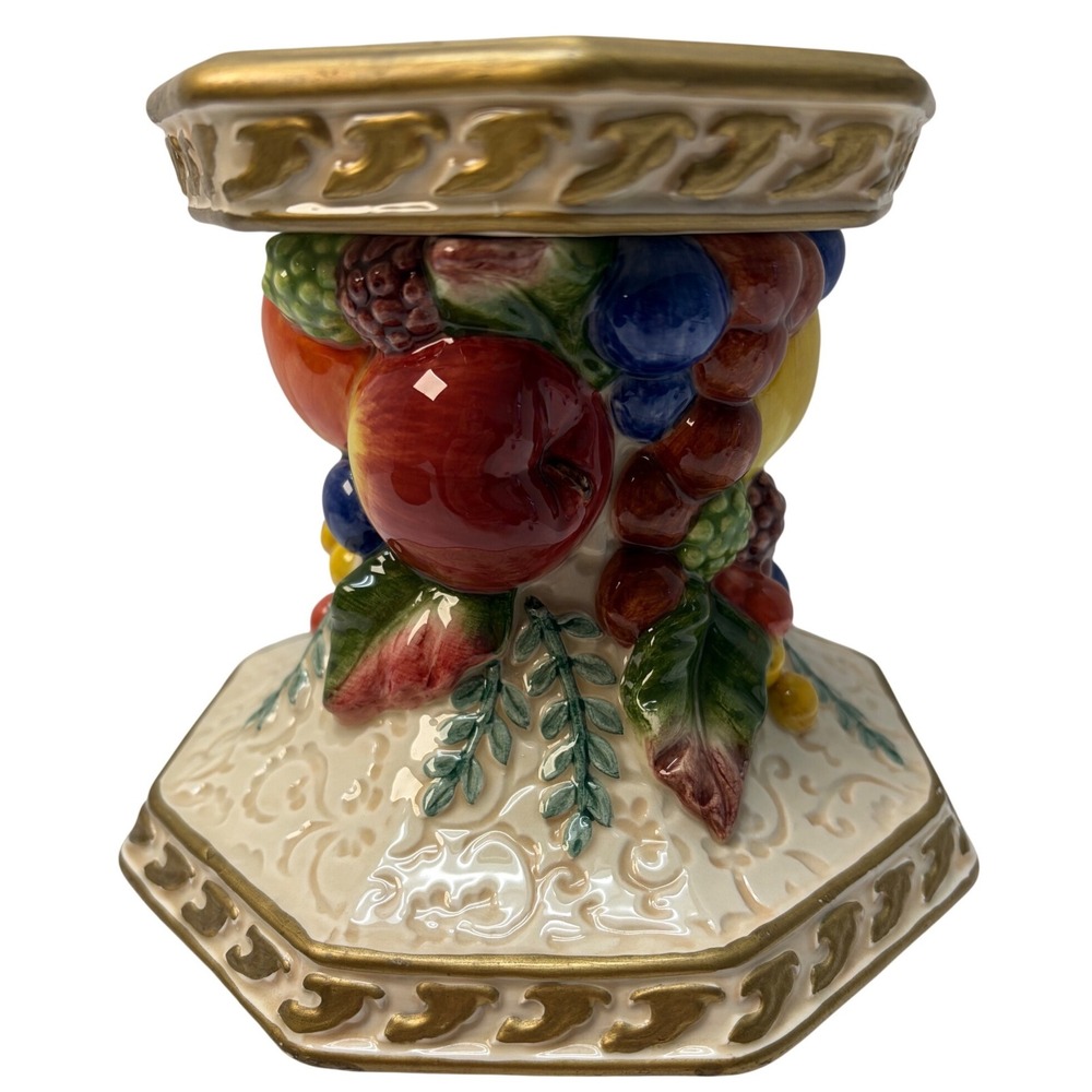 Fitz and Floyd Classics Fruit Harvest Ceramic Pillar Candle Holder Gold Trim